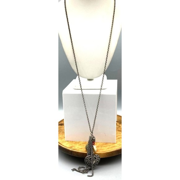 Vintage Hearts and Flowers Charm Pendant Necklace on Long Silver Tone Rolo Chain - Picture 2 of 5